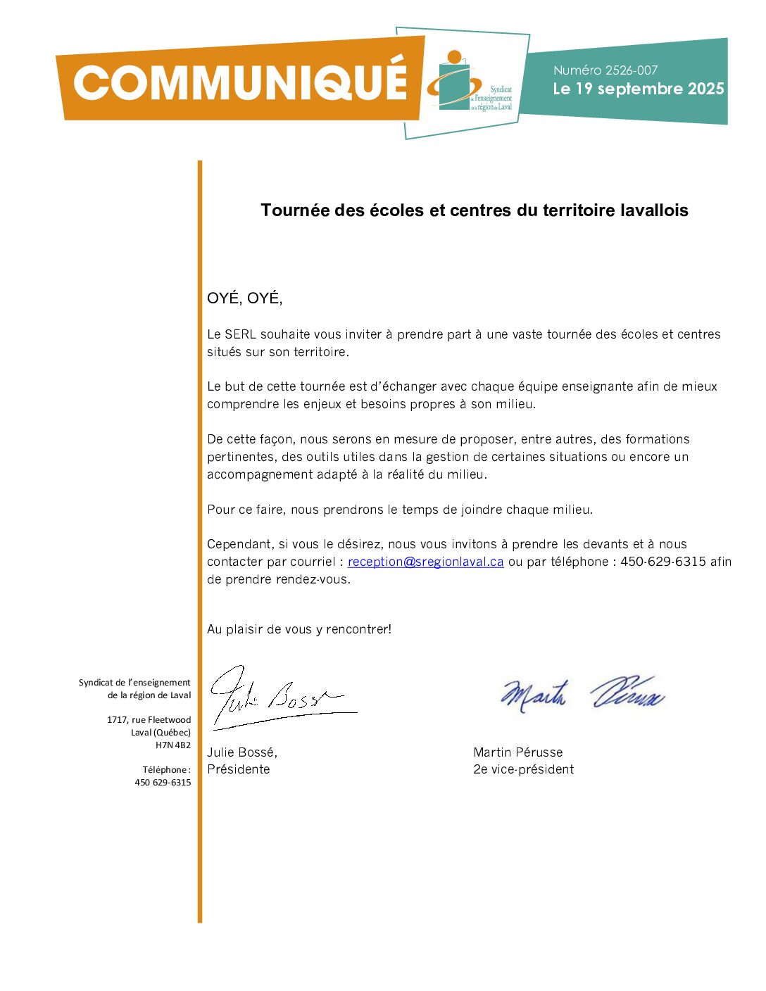 Tournée des écoles et centres du territoire lavallois