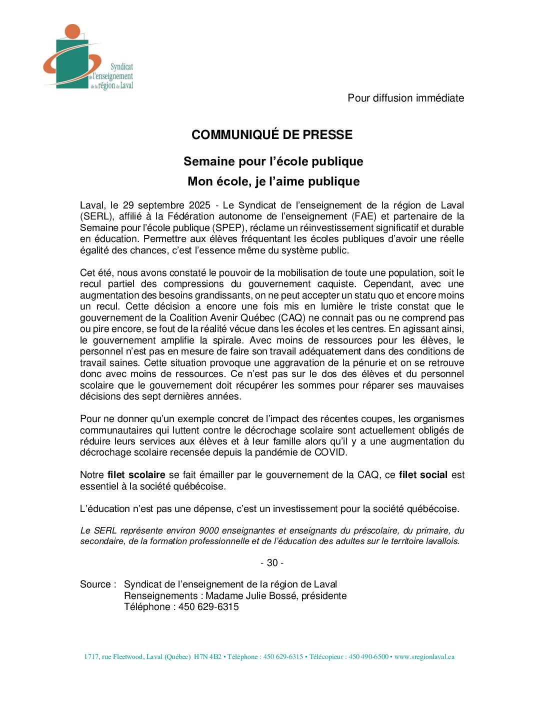 Communiqué de presse – Semaine pour l’école publique Mon école, je l’aime publique